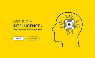 Artificial Intelligence landing page design concept, deep learning network technology on the head symbol vector