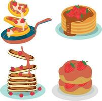 National Pancake Day. Pancakes with syrup and raspberries vector. Pile of pancakes on a plate icon. Vector illustration