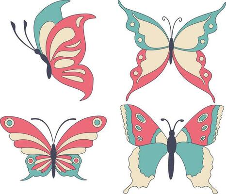 Retro Butterfly, daisy, flower stickers. Hippie 60s 70s elements. Floral romantic sign and symbols in trendy cute retro style.