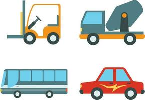 Cute Car Illustration. Taxis and minivans, cabriolets and pickups. Urban, city cars and transport vehicles flat vector icons. Cabriolet and truck, car and bus, car pickup. Vector illustration