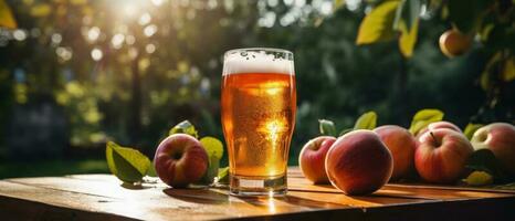 Apple cider on table with apples photo