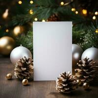 Blank white greeting card mockup, beautiful background decorated for christmas photo