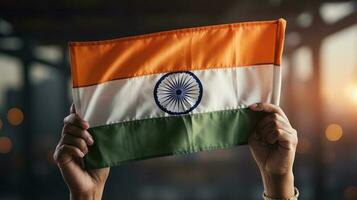 Hand holding India flag photo