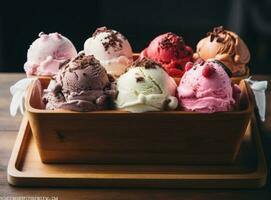 hielo crema conos con mezclado sabores foto