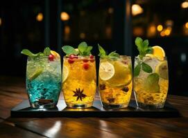 A glass of cider on wooden table with spices photo