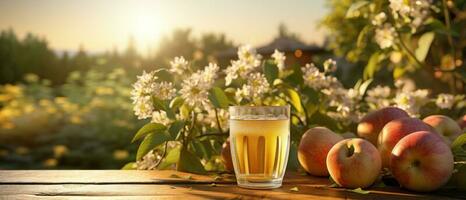 Apple cider on table with apples photo