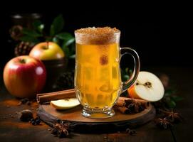 A glass of cider on wooden table with spices photo