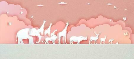 mundo animales día en rosado antecedentes con ciervo, elefante, león. vector