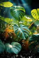 A vibrant tapestry of abstract shapes and patterns intertwines with lush green foliage, bathed in shimmering sunlight. photo