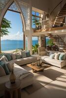 An opulent penthouse suite overlooking the white sandy beaches and turquoise waters of an exclusive tropical island resort. photo