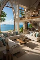 An opulent penthouse suite overlooking the white sandy beaches and turquoise waters of an exclusive tropical island resort. AI generative photo