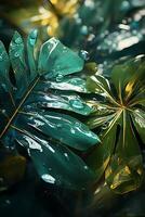 A vibrant tapestry of abstract shapes and patterns intertwines with lush green foliage, bathed in shimmering sunlight. photo