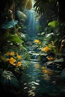 A vibrant tapestry of abstract shapes and patterns intertwines with lush green foliage, bathed in shimmering sunlight. photo