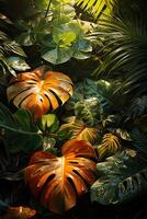 A vibrant tapestry of abstract shapes and patterns intertwines with lush green foliage, bathed in shimmering sunlight. photo