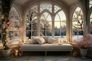 A vintage bay window, with a beautiful view of a winter wonderland. AI generative photo