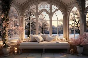 A vintage bay window, with a beautiful view of a winter wonderland. photo