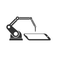 Vector illustration of smartphone manufacturing machine icon in dark color and white background