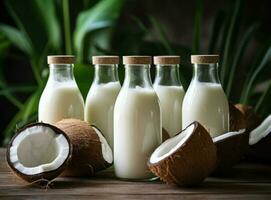 Coconut milk in small transparent bottles photo