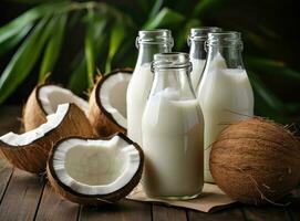 Coconut milk in small transparent bottles photo