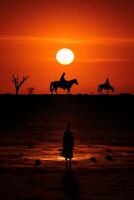 A person rides a horse in silhouette at sunset. AI generative photo