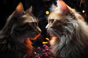 Two cats see each other against a dark background. AI generative photo