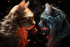 Two cats see each other against a dark background. AI generative photo