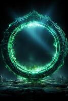 Circular green aura on dark isolated background. AI generative photo