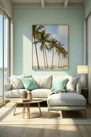 neutral palette palm trees by the beach. AI generative photo