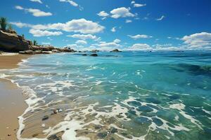 green ocean with gentle waves, sandy seashore, fluffy white clouds in bright blue sky. AI generative photo