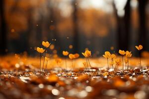 Fall leaves are falling onto a ground, in the style of bokeh panorama, orange, detailed landscapes. photo