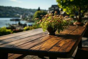 Wood table on close up lake blur on the background. Natural afternoon sunlight. AI generative photo