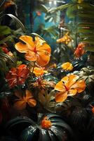 A vibrant tapestry of abstract shapes and patterns intertwines with lush green foliage, bathed in shimmering sunlight. photo