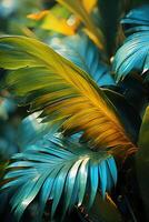 A vibrant tapestry of abstract shapes and patterns intertwines with lush green foliage, bathed in shimmering sunlight. photo