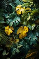 A vibrant tapestry of abstract shapes and patterns intertwines with lush green foliage, bathed in shimmering sunlight. photo