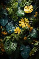 A vibrant tapestry of abstract shapes and patterns intertwines with lush green foliage, bathed in shimmering sunlight. photo