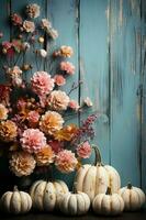 Shabby wood, pumpkins, background image, flat lay, barbiecore, pink and pastel blue palette. AI generative photo