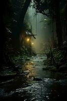el oscuro selva sendero bañado en oscuridad y un arroyo. ai generativo foto