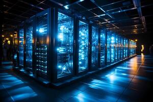 Row of network servers with glowing LED lights. photo