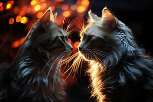 Two cats see each other against a dark background. AI generative photo