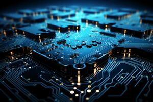 Mechanism, computer circuits, light blue background. photo