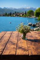 Wood table on close up lake blur on the background. Natural afternoon sunlight. AI generative photo