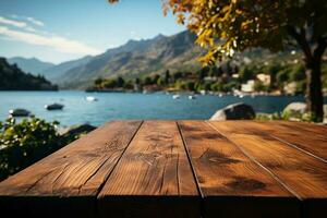 Wood table on close up lake blur on the background. Natural afternoon sunlight. AI generative photo