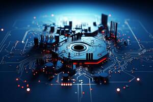 Mechanism, computer circuits, light blue background. photo