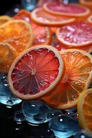 up to a bunch of colored glowing neon citrus slices are shown on a background. photo