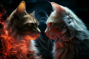 dos gatos ver cada otro en contra un oscuro antecedentes. ai generativo foto
