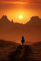 un persona paseos un caballo en silueta a puesta de sol. ai generativo foto