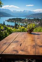 Wood table on close up lake blur on the background. Natural afternoon sunlight. AI generative photo