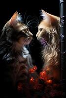 Two cats see each other against a dark background. photo