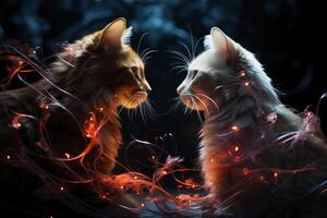 Two cats see each other against a dark background. photo