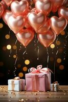 Pink and gold hearts foil balloons with gifts on pink bokeh Valentines Day background. AI generative photo